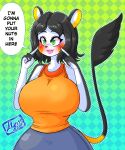  2023 abstract_background alyrise anthro anthrofied big_breasts black_body black_fur black_hair blush blush_stickers bottomwear breasts clothed clothing curvy_figure dialogue emolga english_text female flying_squirrel fur generation_5_pokemon gesture green_eyes hair half-length_portrait hand_on_cheek hi_res huge_breasts innuendo lips mammal multicolored_body multicolored_fur nintendo pointing pointing_at_self pokemon pokemon_(species) pokemorph portrait rodent sciurid skirt sleeveless_shirt smile solo speech_bubble text two_tone_body two_tone_fur white_body white_fur wide_hips 