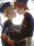  2boys after_kiss aqua_eyes blonde_hair brown_hair cabbie_hat chinese_clothes ensemble_stars! french_kiss hat highres jiangshi jiangshi_costume kindo kindo_(quindo_e) kiss long_sleeves male_focus morisawa_chiaki multiple_boys ofuda ofuda_on_head open_mouth orange_eyes qing_guanmao saliva takamine_midori teeth tongue tongue_out yaoi 