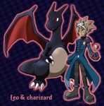  1boy alternate_color blonde_hair blue_coat boots character_name charizard closed_mouth coat commentary_request gloves grid_background looking_down male_focus outline pants poke_ball poke_ball_(basic) pokemon pokemon_(creature) pokemon_(game) pokemon_colosseum shiny_pokemon shiogi_(riza_49) short_hair spiked_hair standing twitter_username watermark wes_(pokemon) yellow_eyes 