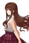  1girl breasts brown_eyes brown_hair commentary_request fate/extra fate_(series) highres kishinami_hakuno_(female) long_hair looking_at_viewer medium_breasts mitsurugi_sugar parted_lips plaid plaid_skirt red_skirt shirt sidelocks skirt sleeveless sleeveless_shirt solo white_shirt 
