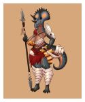  3_horns anthro armor arttukorppu bottomwear breasts ceratopsian clothed clothing dagger dinosaur female gold_(metal) gold_armor gold_jewelry hi_res horn jewelry loincloth looking_up melee_weapon multi_horn ornithischian polearm reptile scalie simple_background solo spear weapon 