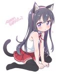  1girl animal_ear_fluff animal_ears bare_arms bare_shoulders between_legs black_hair black_thighhighs blush cat_ears cat_girl cat_tail fake_animal_ears full_body hair_between_eyes hairband hand_between_legs highres jigatei_(omijin) long_hair looking_at_viewer neck_ribbon no_shoes parted_lips pink_hairband pleated_skirt purple_eyes red_ribbon red_skirt ribbon shirosaki_hana shirt simple_background sitting skirt sleeveless sleeveless_shirt solo tail thighhighs translation_request very_long_hair wariza watashi_ni_tenshi_ga_maiorita! white_background white_shirt 