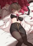  absurdres belly flower highres honkai_(series) honkai_impact_3rd lying navel on_back on_bed pantyhose pencil_skirt qaq red_eyes red_flower red_rose rita_rossweisse rose skirt 