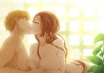  1boy 1girl 57_(lme_piggy117) backlighting bangs bleach breasts brown_hair closed_eyes collarbone completely_nude couple hand_on_another&#039;s_neck happy inoue_orihime jewelry kiss kurosaki_ichigo large_breasts long_hair lying morning nude orange_hair parted_bangs plant ring short_hair spiked_hair sunlight wedding_ring window 