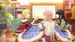  3girls ;d ahoge black_hair blonde_hair blue_eyes blurry blurry_foreground board_game bookshelf bow braid calendar_(object) cellphone frilled_sweater from_behind game_cg green_sweater hachimiya_meguru hair_bun hair_flaps half_updo holding_dice idolmaster idolmaster_shiny_colors illumination_stars_(idolmaster) indoors interlocked_fingers kazano_hiori kotatsu light_brown_hair long_hair looking_at_another medium_hair multiple_girls no_shoes official_art on_floor one_eye_closed open_mouth own_hands_together phone plaid playing_games pleated_skirt purple_eyes red_skirt red_sweater ribbed_sweater rug sakuragi_mano sidelocks single_hair_bun sitting skirt smartphone smile socks sweater table television twin_braids wariza white_socks wooden_floor wooden_wall 