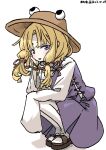  1girl absurdres blonde_hair commentary_request dress full_body highres moriya_suwako one-hour_drawing_challenge shoes solo squatting tagme tongue tongue_out touhou translation_request ve1024 very_long_sleeves watermark white_background 