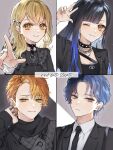  2boys 2girls alternate_hairstyle aoyagi_touya asymetrical_bangs averting_eyes azusawa_kohane black_choker black_jacket black_necktie black_scarf black_shirt black_suit blonde_hair blue_hair blunt_bangs breasts buttoned_cuffs choker collared_shirt colored_inner_hair commentary dark_blue_hair earclip earrings formal glint gradient_background grey_background grey_eyes group_name hair_down hair_ornament hair_over_shoulder half-closed_eye hand_on_own_neck jacket jewelry lapels light_blue_hair light_brown_hair light_frown long_hair long_sleeves looking_at_viewer medium_hair mikeimikei multicolored_hair multiple_boys multiple_girls necklace necktie notched_lapels one_eye_closed open_clothes open_jacket orange_eyes orange_hair parted_hair pointing pointing_forward portrait project_sekai scarf shinonome_akito shiraishi_an shirt shoulder_belt small_breasts smile split-color_hair stud_earrings suit two-tone_background upper_body vivid_bad_squad_(project_sekai) wavy_hair white_background white_shirt 