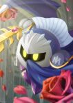  1boy absurdres armor bat_wings cape flower galaxia_(sword) gloves highres holding holding_sword holding_weapon kirby_(series) light_rays male_focus mask meta_knight natsuring0 no_humans pauldrons petals red_flower rose shoulder_armor signature solo sparkle sword weapon wings yellow_eyes 