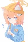  1girl ? aged_down animal_ears blue_archive blue_eyes cat_ears cropped_torso flower hair_flower hair_ornament halo hat highres kindergarten_uniform mari_(blue_archive) orange_hair osorii school_hat short_hair simple_background solo 