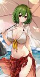  1girl alternate_costume beach bikini blush breasts cleavage collarbone green_hair groin highres hira-san holding holding_umbrella kazami_yuuka large_breasts looking_at_viewer navel outdoors parasol plaid plaid_sarong red_eyes red_sarong sarong shirt shirt_on_shoulders short_hair solo stomach swimsuit touhou umbrella white_bikini white_shirt 