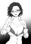  1girl artist_name bra brassica breasts buttons cleavage collarbone collared_shirt commission floral_print freckles glasses gradient_background greyscale highres large_breasts lips mole mole_under_eye monochrome original partially_unbuttoned semi-rimless_eyewear shirt short_hair solo thick_eyebrows underwear upper_body 