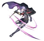  1boy belt black_cape cape clenched_teeth dagger fire_emblem fire_emblem:_three_houses fire_emblem_heroes holding holding_dagger holding_knife holding_weapon knife leg_armor looking_at_viewer medium_hair official_art purple_cape purple_eyes purple_hair slashing solo teeth weapon white_background yuri_leclerc 