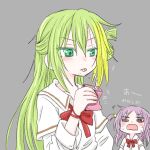  2girls 8_(asahati) alina_gray blonde_hair blush bow bowtie green_eyes green_hair grey_background hair_between_eyes hair_ornament holding_carton layered_sleeves long_hair long_sleeves looking_at_another loose_bowtie magia_record:_mahou_shoujo_madoka_magica_gaiden mahou_shoujo_madoka_magica messy_hair misono_karin multicolored_hair multiple_girls open_mouth parted_bangs purple_hair red_bow red_bowtie sakae_general_school_uniform school_uniform shirt short_over_long_sleeves short_sleeves sidelocks simple_background single_hair_ring star_(symbol) star_hair_ornament strawberry_milk streaked_hair surprised sweatdrop tongue tongue_out two_side_up upper_body white_shirt 