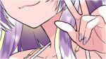  1girl bare_shoulders close-up head_out_of_frame lips purple_hair purple_nails smile v vividly_vivi 