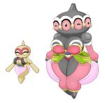  anthro armwear baltoy big_breasts black_body bottomwear breasts brown_body claydol clothing duo eyes_closed female generation_3_pokemon hi_res legless legwear multi_eye nintendo pokeball pokemon pokemon_(species) simple_background skirt topwear tunic underwear urusee584 white_background 