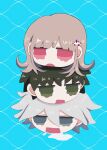  1girl 2boys :o brown_eyes brown_hair d: danganronpa_(series) danganronpa_2:_goodbye_despair drooling famima_de_neppuri flipped_hair galaga green_background grey_eyes grey_hair hair_ornament head_on_head head_rest highres hinata_hajime komaeda_nagito light_brown_hair looking_at_viewer medium_hair multiple_boys nanami_chiaki open_mouth pink_eyes saliva short_hair 