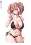  1girl alternate_costume atlanta_(kancolle) bare_shoulders bikini black_bikini blush breasts brown_hair cleavage cowboy_shot cropped_legs earrings ebifurya grey_eyes highres jewelry kantai_collection large_breasts long_hair looking_at_viewer navel one-hour_drawing_challenge open_mouth side-tie_bikini_bottom skindentation solo star_(symbol) star_earrings stomach strap_lift swimsuit thighs twitter_username two_side_up white_background 