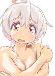  1girl ahoge braid covering covering_breasts french_braid grey_hair looking_at_viewer mizumori_keiichi multicolored_eyes multicolored_hair nude onii-chan_wa_oshimai! open_mouth oyama_mahiro pink_eyes pink_hair red_eyes short_hair simple_background solo two-tone_hair upper_body white_background yellow_eyes 