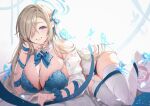 1girl absurdres arona&#039;s_sensei_doodle_(blue_archive) asuna_(blue_archive) blonde_hair blue_bra blue_eyes blue_panties blue_ribbon bra breasts elbow_rest grin hair_over_one_eye hair_ribbon halo head_rest highres large_breasts lying off_shoulder on_side panties ribbon scrunchie sensei_(blue_archive) shirt smile solo tansuan_(ensj3875) teeth thighhighs underwear white_shirt white_thighhighs wrist_scrunchie 