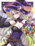  1girl absurdres bare_shoulders belt black_dress black_headwear blush breasts brown_belt cleavage commentary corrin_(female)_(fire_emblem) corrin_(female)_(halloween)_(fire_emblem) corrin_(fire_emblem) crossed_belts detached_sleeves dress earrings english_commentary fingernails fire_emblem fire_emblem_fates fire_emblem_heroes grey_hair hair_between_eyes halloween halloween_costume hat highres jewelry kousetu0506 long_hair looking_at_viewer medium_breasts official_alternate_costume pointy_ears purple_nails red_eyes smile solo witch witch_hat 