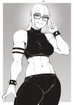  1girl abs absurdres antenna_hair bracelet crop_top freckles glasses highres jewelry midriff muscular muscular_female navel original ponytail sleeveless smile solo speedl00ver spiked_bracelet spikes tank_top turtleneck 