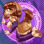  2023 4_toes 5_fingers absurd_res anthro armwear artist_logo artist_name big_breasts bikini blasticussaturn breasts brown_body brown_eyes brown_fur brown_hair brown_pawpads butt canid canine canis claws clothing digital_media_(artwork) domestic_dog eyebrows eyelashes feet female fingers fur hair hi_res legwear logo looking_at_viewer looking_back mammal nipple_outline open_mouth open_smile pawpads paws pink_tongue purple_armwear purple_clothing purple_legwear purple_stockings side_boob side_view signature smile solo stockings string_bikini swimwear tail teeth text thick_thighs toe_claws toes tongue topwear watermark 