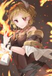  1girl blonde_hair book citrinne_(fire_emblem) closed_mouth dress earrings feather_hair_ornament feathers fire fire_emblem fire_emblem_engage gem hair_ornament highres holding holding_book hoop_earrings jewelry looking_at_viewer necklace red_eyes sakura_no_yoru short_hair solo 