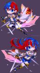  1girl alear_(female)_(fire_emblem) alear_(fire_emblem) alear_(male)_(fire_emblem) armor blue_eyes blue_hair braid breasts chibi crossed_bangs crown_braid emblem_ring fire_emblem fire_emblem_engage heterochromia highres holding holding_weapon liberation_(fire_emblem) long_hair looking_at_viewer medium_breasts mugimugis multicolored_hair red_eyes red_hair split-color_hair sword thigh_strap thighhighs tiara two-tone_hair very_long_hair weapon 