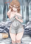  1girl adjusting_clothes blue_archive breasts brown_hair chinatsu_(blue_archive) covered_navel glasses grin hair_between_eyes halo highres large_breasts long_hair looking_at_viewer mr.zhuo naked_towel onsen pointy_ears smile snow solo towel tree wading water yellow_eyes 