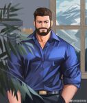  1boy absurdres akunaakun_(kunkun586586) bara brown_eyes brown_hair collared_shirt cowboy_shot earrings eyebrow_cut highres indoors jewelry large_pectorals light_smile looking_to_the_side male_focus mature_male muscular muscular_male original pectorals shirt short_hair single_earring solo straight-on thick_eyebrows 