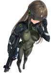  1girl arm_up armor armored_gloves blazingchaos bodysuit breasts brown_hair from_above full_body goddess_of_victory:_nikke green_bodysuit hand_on_headwear highres holding holding_weapon impossible_bodysuit impossible_clothes long_hair mass-produced_nikke medium_breasts shoulder_armor simple_background skin_tight solo standing visor_(armor) weapon white_background 