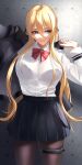  1girl absurdres alternate_costume azur_lane bismarck_(azur_lane) black_jacket black_skirt blonde_hair blue_eyes bow bowtie bra_visible_through_clothes brown_pantyhose buttons collared_shirt cramcell dressing hair_between_eyes highres jacket long_sleeves looking_to_the_side miniskirt pantyhose pleated_skirt red_bow red_bowtie school_uniform shirt skirt solo standing thigh_strap white_shirt 