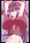  1girl arms_up bare_shoulders breasts camisole cleavage crop_top hair_intakes heavy_breathing highres huge_breasts long_hair looking_at_viewer midriff navel pink_pillow ponytail purple_hair red_camisole red_eyes ribbon solo tsu-mo3 under_night_in-birth very_long_hair white_ribbon yuzuriha_(under_night_in-birth) 