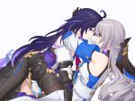  2girls ahoge arms_around_neck blue_eyes blue_hair breasts bronya_rand broseele earrings eye_contact grey_eyes grey_hair highres honkai:_star_rail honkai_(series) imminent_kiss jewelry long_hair looking_at_another multicolored_hair multiple_girls seele_(honkai:_star_rail) sideboob streaked_hair yuri 