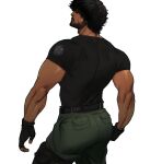  1boy ass back bara belt black_belt black_hair black_shirt carlos_oliveira chris_sdd closed_mouth facial_hair fingerless_gloves gloves green_pants hair_over_eyes highres male_focus muscular muscular_male pants resident_evil resident_evil_3:_nemesis resident_evil_3_(remake) shirt short_hair simple_background solo white_background 