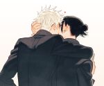  2boys arm_around_shoulder black_hair black_jacket ear_piercing from_behind getou_suguru ggss_cc gojou_satoru hair_bun hair_pulled_back hand_up jacket jujutsu_kaisen kiss kissing_cheek long_sleeves male_focus multiple_boys piercing short_hair simple_background upper_body white_background white_hair yaoi 