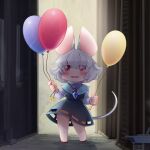  1girl alley animal_ears balloon bbb_(33kudo) blue_capelet blush capelet commentary_request crystal eyes_visible_through_hair flat_chest full_body grey_hair grey_skirt grey_vest hair_between_eyes highres holding holding_balloon jewelry long_sleeves looking_at_viewer medium_bangs mouse_ears mouse_girl mouse_tail nazrin no_panties open_mouth pendant red_eyes shirt short_hair skirt smile solo standing tail touhou vest white_shirt 