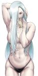  1girl arm_up armpits bikini bikini_bottom_only black_bikini breasts commentary_request cowboy_shot grey_hair hair_over_breasts hair_over_one_breast hair_over_one_eye half-closed_eye highres jujutsu_kaisen large_breasts long_hair looking_at_viewer mei_mei_(jujutsu_kaisen) money money_in_mouth mouth_hold navel red_lips simple_background smile solo standing swimsuit topless tsukumo_momo white_background 