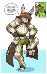  2023 5_fingers 5_toes aleanora annoyed anthro armor armorbun belt belt_collar breastplate brown_hair clothing cosplay dialogue dipstick_ears dog_knight_rpg english_text feet female fingerless_gloves fingers fur gloves greaves hair handwear hi_res hoodie humanoid_feet humanoid_hands inner_ear_fluff knight lagomorph leporid mammal multicolored_ears on_one_leg open_mouth otakuap pauldron plantigrade plate_armor rabbit raised_leg reference_image rory_(ceehaz) scar short_hair soles solo speech_bubble standing stirrup_footwear text toes topwear tuft vambrace warrior white_body white_fur 