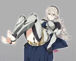  1girl armor armored_dress artist_logo black_hairband black_panties blue_cape breasts cape closed_mouth clothing_cutout commentary corrin_(female)_(fire_emblem) corrin_(fire_emblem) english_commentary eyelashes feet fire_emblem fire_emblem_fates full_body grey_background grey_hair hair_between_eyes hairband highres knees_up legs lips looking_at_viewer lying medium_breasts no_shoes on_back panties patterned_background pointy_ears r3dfive red_eyes shadow sidelocks soles solo stirrup_legwear thigh_cutout thighs toeless_legwear toenails toes underwear 