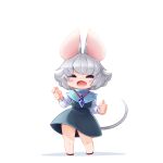  1girl animal_ears bbb_(33kudo) blue_capelet blush capelet closed_eyes commentary_request crystal eyes_visible_through_hair flat_chest full_body grey_hair grey_skirt grey_vest hair_between_eyes highres jewelry long_sleeves medium_bangs mouse_ears mouse_girl mouse_tail nazrin open_mouth pendant shirt short_hair simple_background skirt smile solo standing tail touhou vest white_background white_shirt 