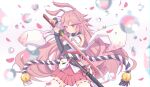  1girl absurdres animal_ears bad_id bad_pixiv_id bare_shoulders closed_mouth fox_ears fox_mask highres holding holding_sword holding_weapon honkai_(series) honkai_impact_3rd japanese_clothes katana kimono long_hair looking_at_viewer mask petals pink_eyes pink_hair pink_skirt ribbon-trimmed_legwear ribbon_trim short_kimono simple_background skirt solo sword thighhighs weapon white_background white_kimono white_thighhighs yae_sakura yae_sakura_(gyakushinn_miko) yao_(pixiv9482697) 