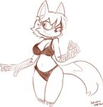  2023 5_fingers anthro bikini bikini_bottom bikini_top blush breasts canid canine cleavage clothed clothing colored_sketch cute_fangs dipstick_tail felino female fingers fist front_view gloves_(marking) hi_res looking_away mammal maned_wolf markings one_eye_closed side_boob simple_background sketch smile smirk solo standing swimwear tail tail_markings white_background 