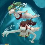  2girls absurdres anna_(fire_emblem) asphyxiation ass bikini breasts copyright_request diving drowning green_eyes green_hair highres holding_breath inchduhernz multiple_girls puffy red_hair swimsuit thighs tiki_(adult)_(fire_emblem) tiki_(adult)_(summer)_(fire_emblem) tiki_(fire_emblem) underwater 