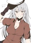  1girl black_gloves breasts cleavage gangut_(kancolle) gangut_dva_(kancolle) gloves grey_hair grin hat highres holding holding_clothes holding_hat kantai_collection large_breasts long_hair looking_at_viewer one-hour_drawing_challenge peaked_cap red_shirt scar scar_on_cheek scar_on_face shirt short_sleeves simple_background smile solo taira_yuuki upper_body white_background 