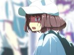  1girl animal_ears backpack bag baseball_cap blunt_bangs blurry blurry_background brown_hair commentary_request exhausted fake_animal_ears fang hat hot kmnz looking_at_viewer mc_liz momoeolia open_mouth outdoors shirt short_hair solo sweatdrop upper_body virtual_youtuber white_headwear white_shirt 