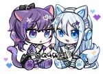  2girls animal_ears asahina_mafuyu blue_eyes blue_hair cat_ears cat_girl cat_tail commentary full_body hair_between_eyes hair_ornament hairclip headphones heart kaesmedubu light_blue_hair long_hair long_sleeves multiple_girls negai_wa_itsuka_asa_o_koete_(project_sekai) official_alternate_costume open_mouth ponytail project_sekai purple_eyes purple_hair simple_background sitting symbol-only_commentary tail twitter_username white_background x_hair_ornament yoisaki_kanade 