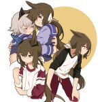  2girls admire_vega_(umamusume) animal_ears brown_eyes brown_hair closed_eyes closed_mouth curren_chan_(umamusume) grey_hair hands_on_own_knees highres horse_ears horse_girl horse_tail hug jacket long_hair long_sleeves low_ponytail multiple_girls multiple_views mutual_hug one_eye_closed open_clothes open_jacket pants purple_shirt red_pants sailor_collar school_uniform shirt sleeves_rolled_up smile tail tracen_school_uniform umamusume white_shirt yano_(edbr1022) 