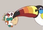  animal animal_focus beak bird blue_sclera bow bowtie brown_feathers colored_sclera feathers from_side frown green_bow green_bowtie grey_background leg_up lying o_o on_back owl pecking piku_(another_pikuru) pokemon pokemon_(creature) rowlet simple_background squinting talons toucannon white_feathers 