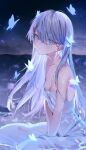  1girl between_legs blue_eyes breasts bug butterfly cleavage collarbone dress grey_dress hair_between_eyes hand_between_legs harui_(hr_x9_) highres long_hair night original outdoors sitting sleeveless sleeveless_dress small_breasts solo spaghetti_strap straight_hair strap_slip very_long_hair wet wet_clothes wet_dress white_hair 